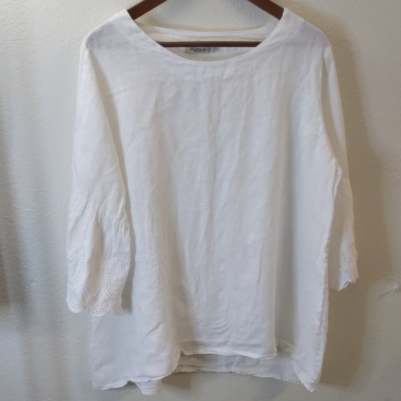 Valentina Naldi White Linen Blouse with Eyelet Bell Sleeves 3\4 Made In Italy XL - Picture 1 of 4